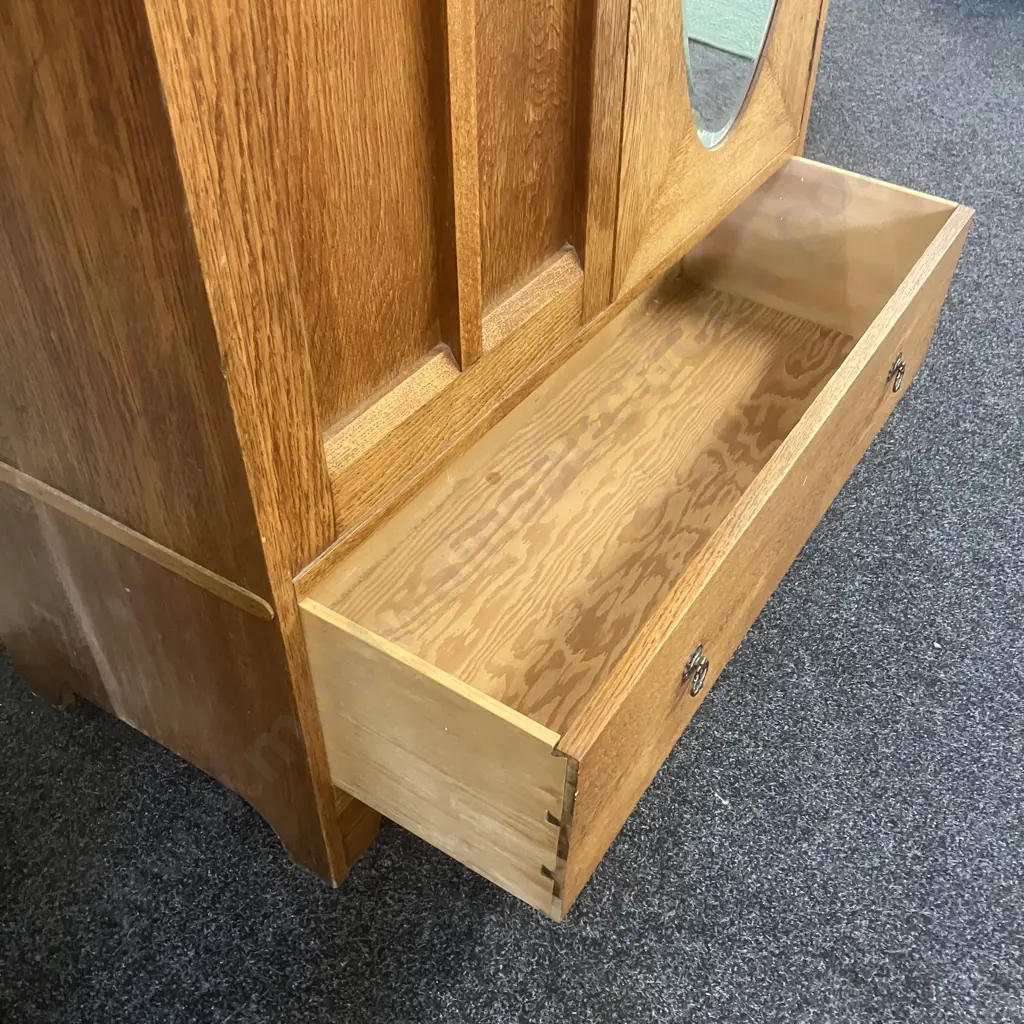 Vintage Oak Freestanding Wardrobe, Oval Inset Bevelled Mirror And Curved Leadlight, With Key. H193 W112 D52cm Image 1++