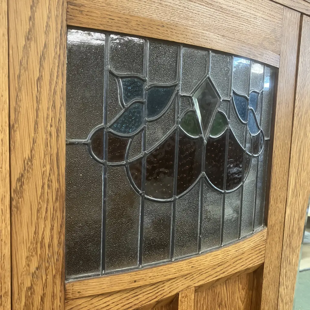 Vintage Oak Freestanding Wardrobe, Oval Inset Bevelled Mirror And Curved Leadlight, With Key. H193 W112 D52cm Image 1++