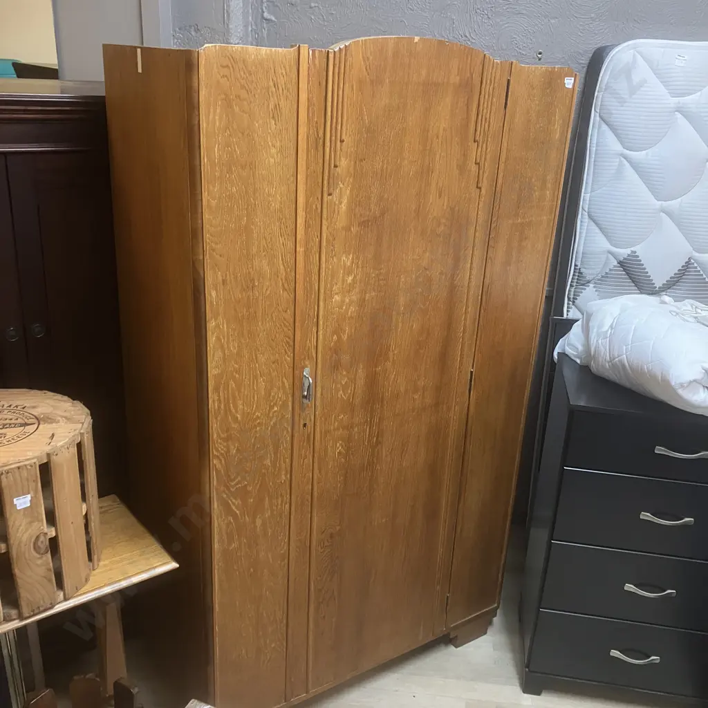 Art Deco Oak Single Door Wardrobe With Key. H181.5 W106 D52.6cm Image 1++