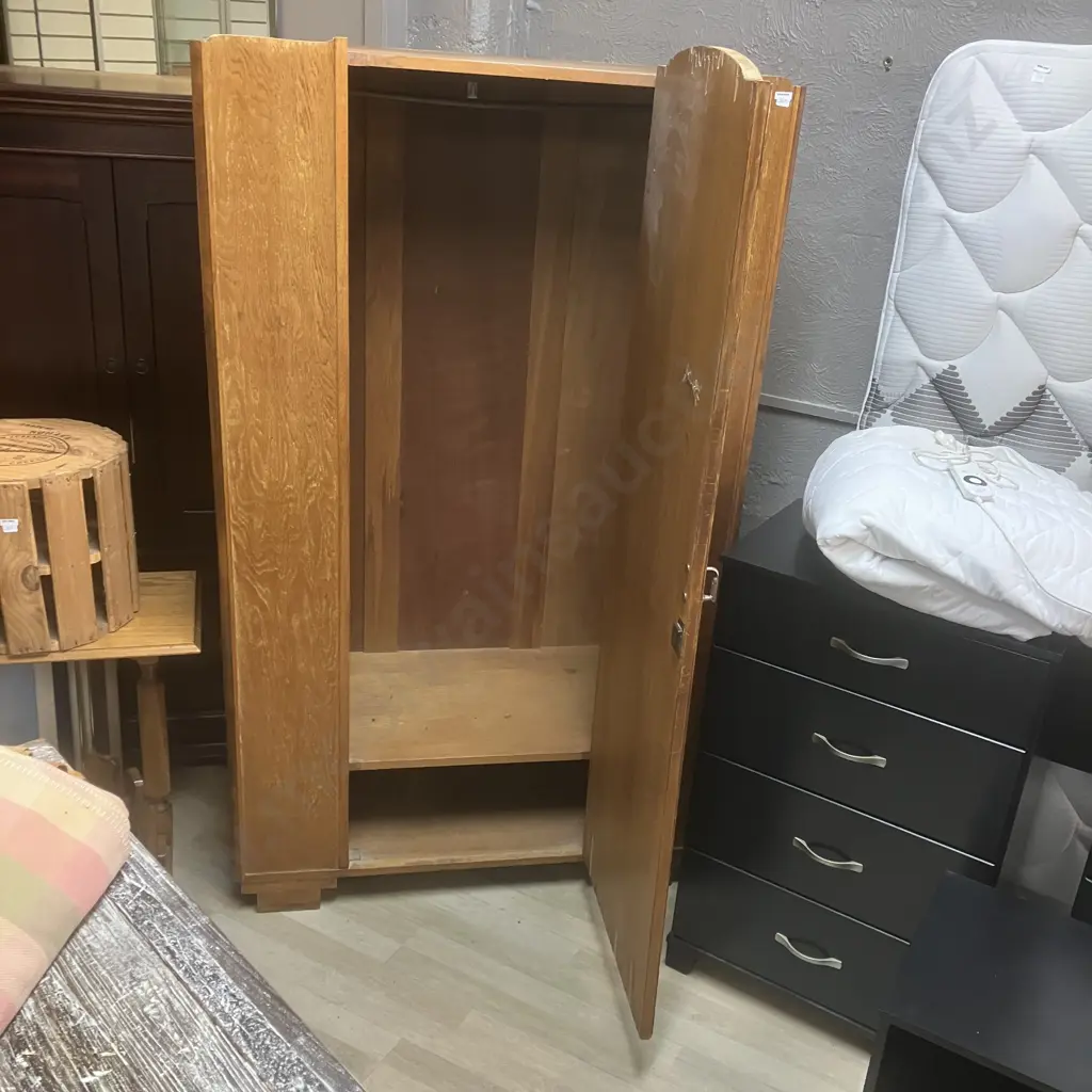 Art Deco Oak Single Door Wardrobe With Key. H181.5 W106 D52.6cm Image 1++