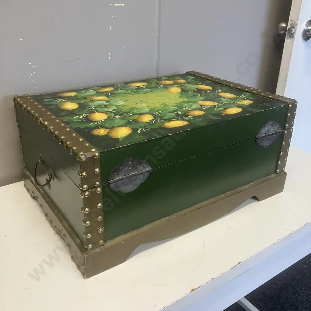 Vintage Fruit Themed Hand Painted Latched Chest With Handles. H22.5 W52 D34cm Image 1++