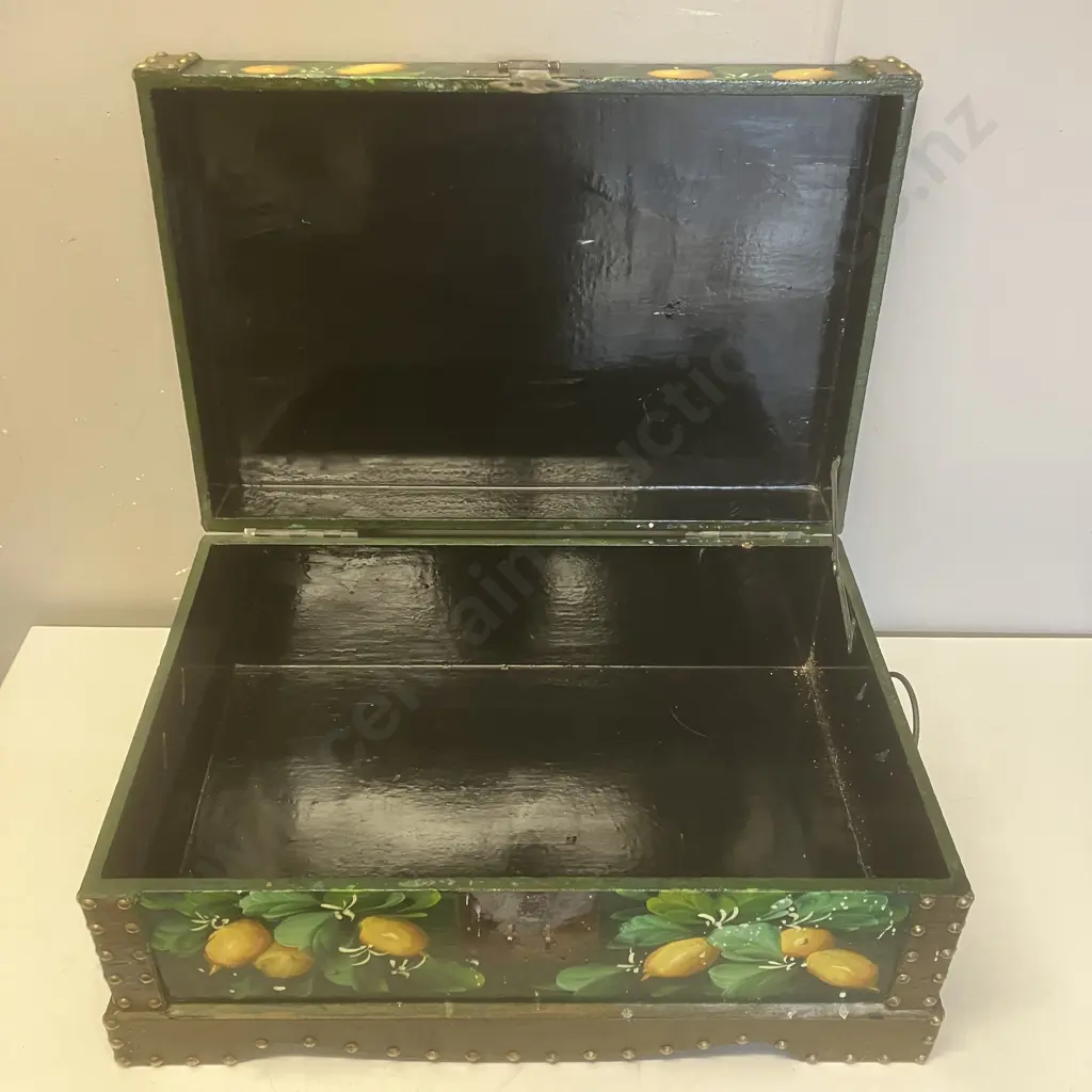 Vintage Fruit Themed Hand Painted Latched Chest With Handles. H22.5 W52 D34cm Image 1++