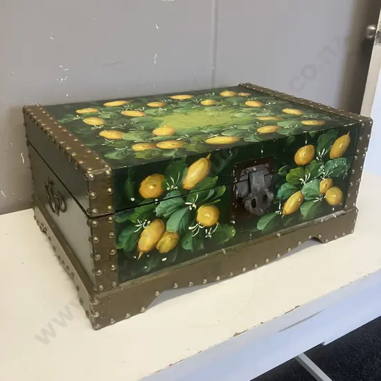 Vintage Fruit Themed Hand Painted Latched Chest With Handles. H22.5 W52 D34cm