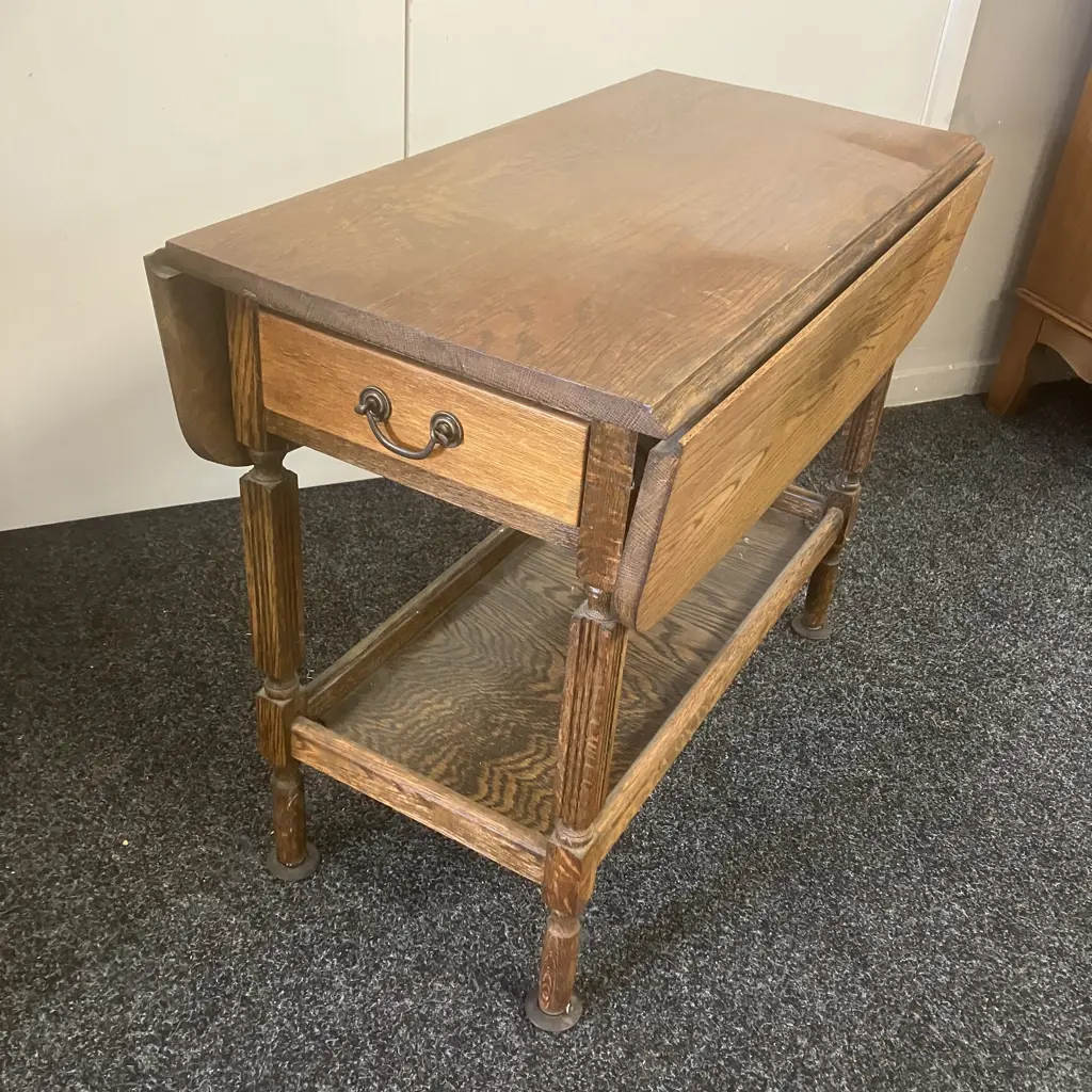 Oak Drop Leaf Table, Single Drawer, Shelf At Base. H63 W76 D41.5cm Image 1++