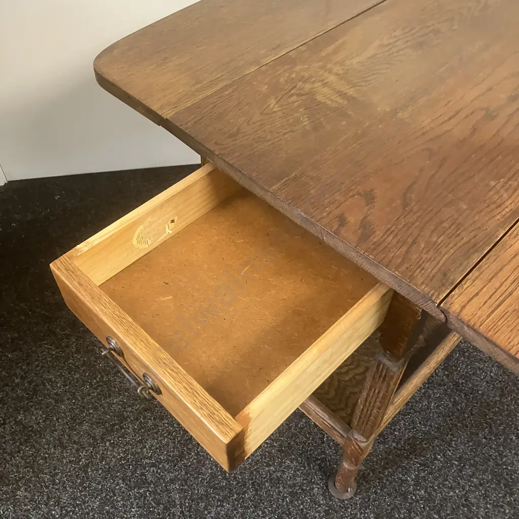 Oak Drop Leaf Table, Single Drawer, Shelf At Base. H63 W76 D41.5cm Image 1++