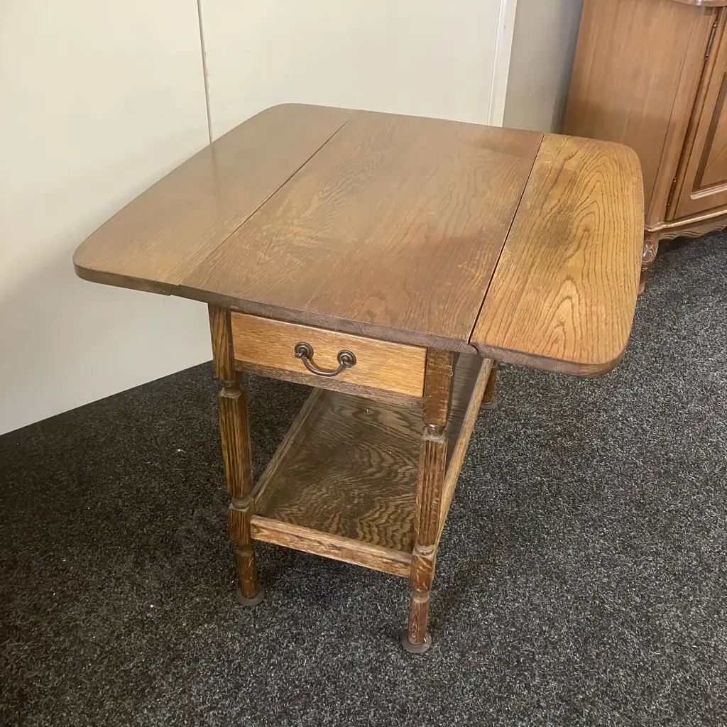 Oak Drop Leaf Table, Single Drawer, Shelf At Base. H63 W76 D41.5cm Image 1++