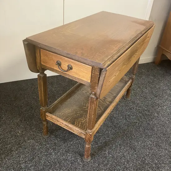 Oak Drop Leaf Table, Single Drawer, Shelf At Base. H63 W76 D41.5cm