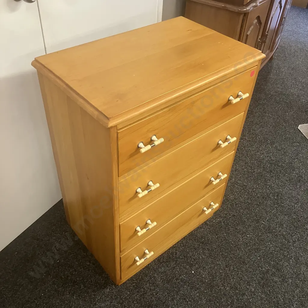 Solid Wood 4 Drawer Chest With Art Deco Handles, H91 W67 D41cm Image 1++