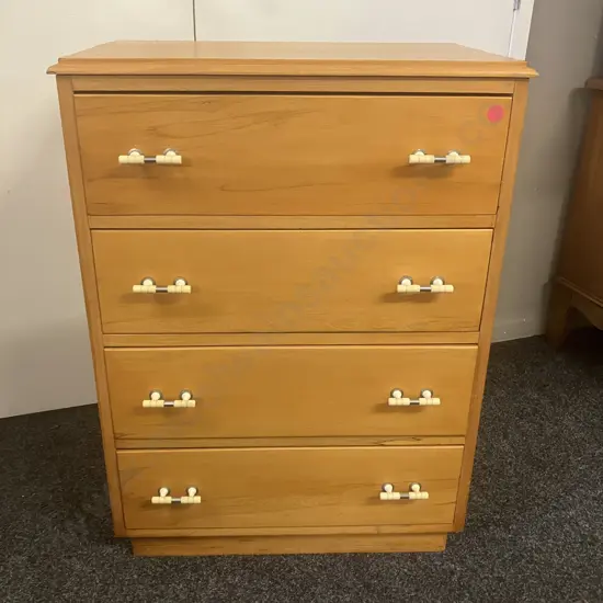 Solid Wood 4 Drawer Chest With Art Deco Handles, H91 W67 D41cm