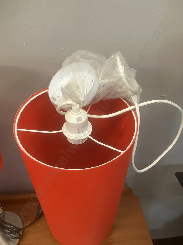 Table Lamp 49cm With Red Shade & Pair of Light Fittings With 40cm Cylindrical Red Shades Image 1++