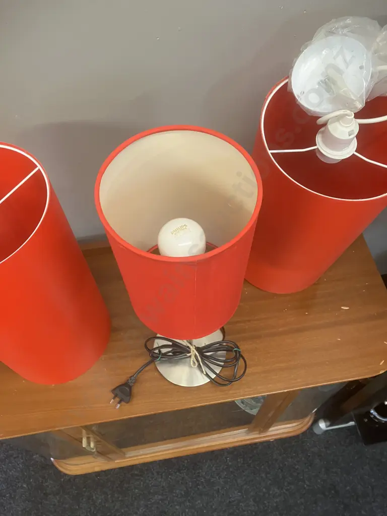 Table Lamp 49cm With Red Shade & Pair of Light Fittings With 40cm Cylindrical Red Shades Image 1++