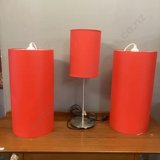 Table Lamp 49cm With Red Shade & Pair of Light Fittings With 40cm Cylindrical Red Shades