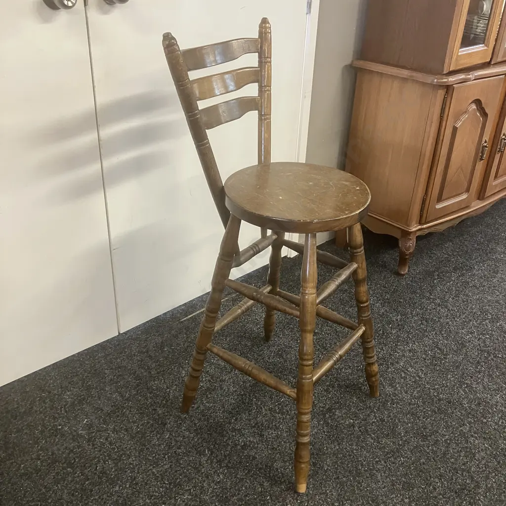 Vintage 70's Oak Ladder-Back Bar Stool. H101cm Image 1++