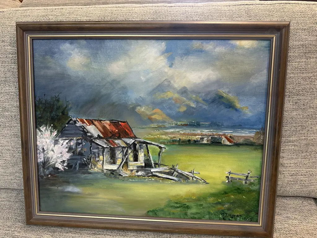 Artwork On Board Signed By G.J Hignett 1995 Rustic Building In Grassy Landscape H41,W51cm. Image 1++