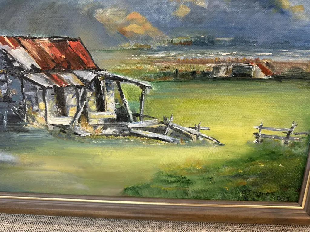 Artwork On Board Signed By G.J Hignett 1995 Rustic Building In Grassy Landscape H41,W51cm. Image 1++