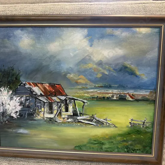 Artwork On Board Signed By G.J Hignett 1995 Rustic Building In Grassy Landscape H41,W51cm.