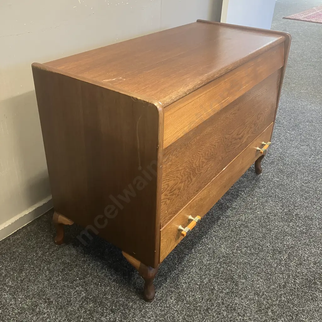 Art Deco Oak Blanket Chest With Storage Drawer, Original Handles, Hinged Lid. H67 W92.5 D44cm Image 1++