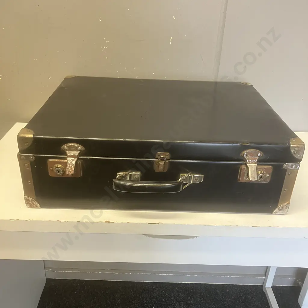 Vintage Black Vinyl Suitcase Riveted & Metal Corner Supports. H17 W57 D44cm Image 1++