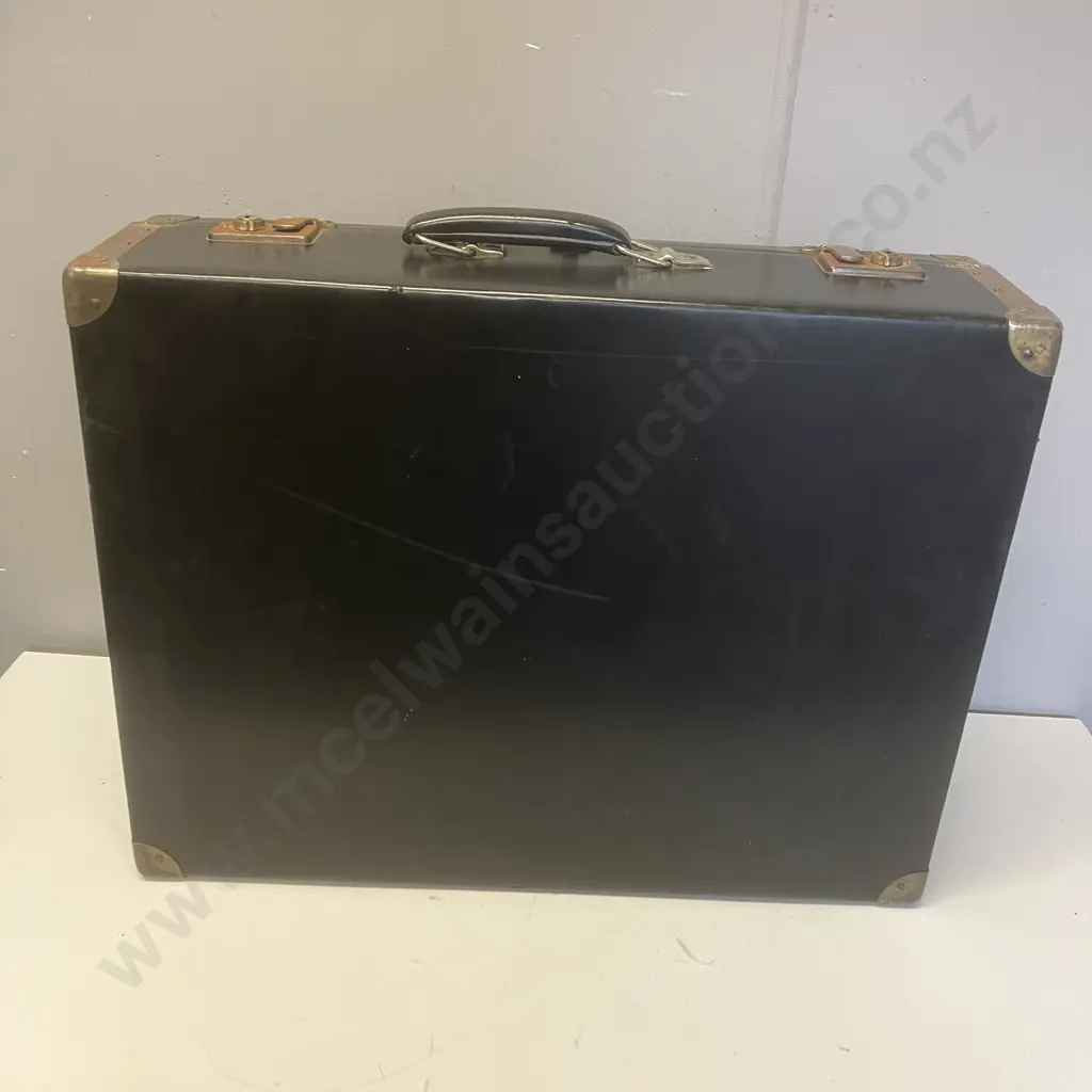 Vintage Black Vinyl Suitcase Riveted & Metal Corner Supports. H17 W57 D44cm Image 1++