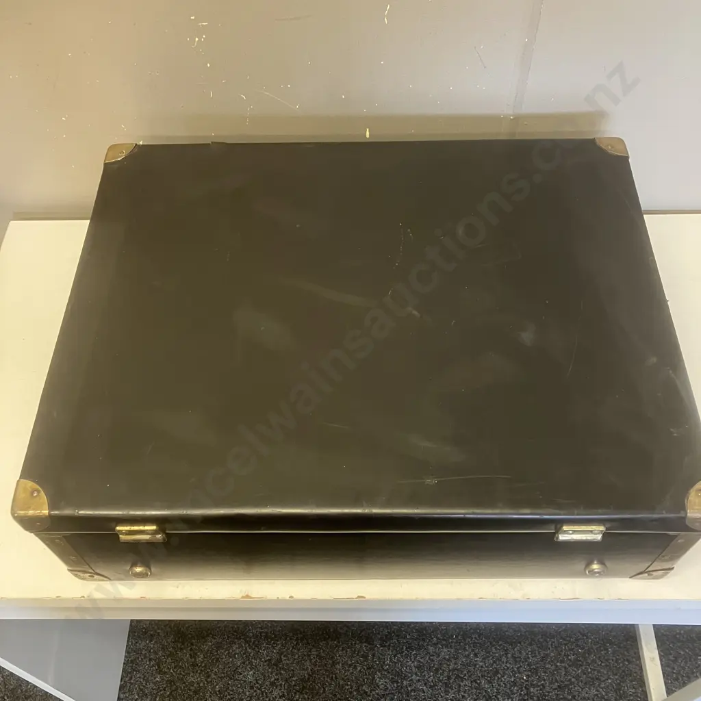 Vintage Black Vinyl Suitcase Riveted & Metal Corner Supports. H17 W57 D44cm Image 1++