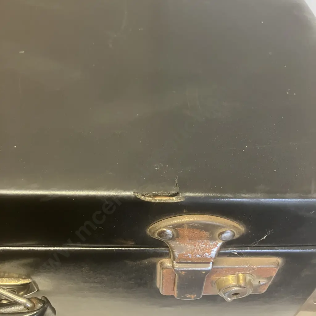 Vintage Black Vinyl Suitcase Riveted & Metal Corner Supports. H17 W57 D44cm Image 1++