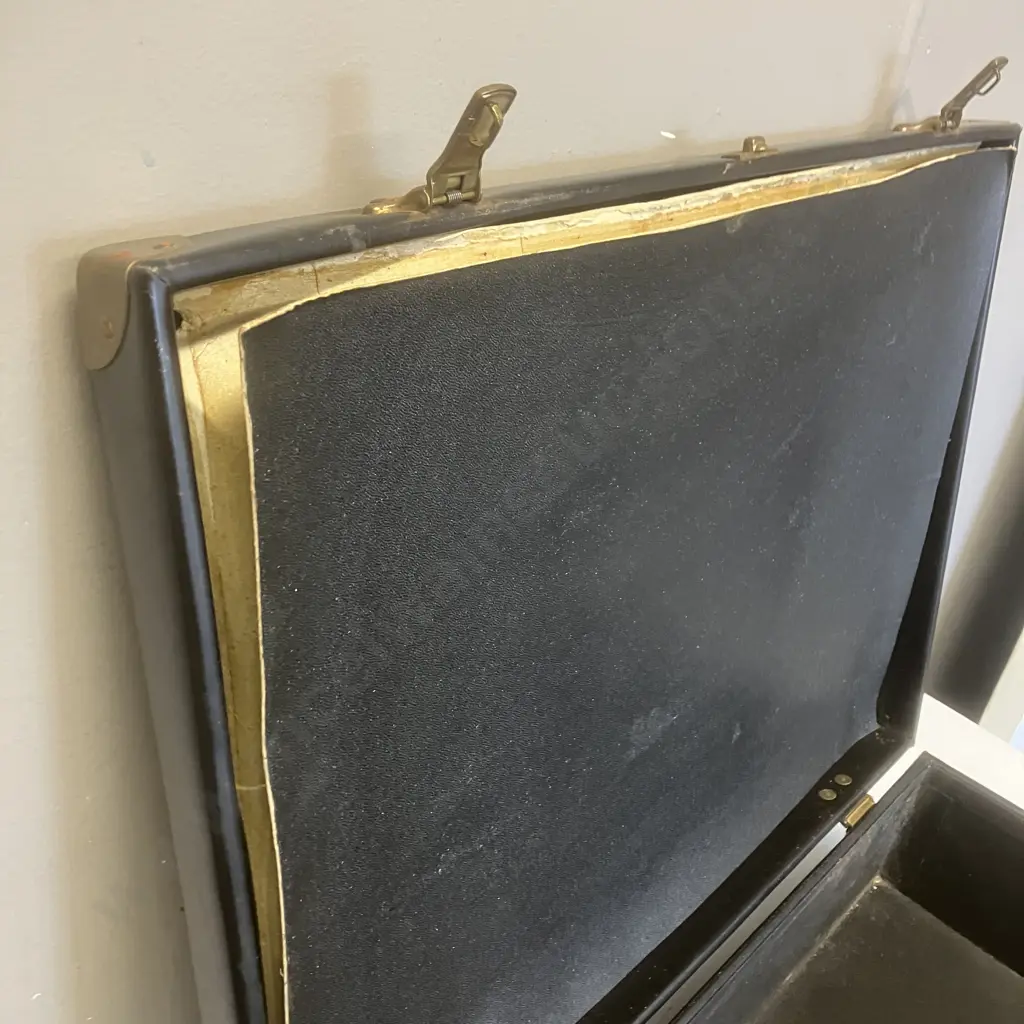 Vintage Black Vinyl Suitcase Riveted & Metal Corner Supports. H17 W57 D44cm Image 1++