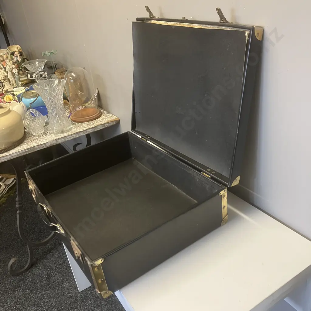 Vintage Black Vinyl Suitcase Riveted & Metal Corner Supports. H17 W57 D44cm Image 1++