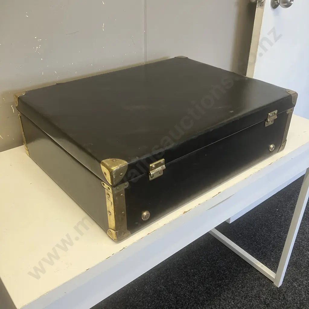 Vintage Black Vinyl Suitcase Riveted & Metal Corner Supports. H17 W57 D44cm Image 1++