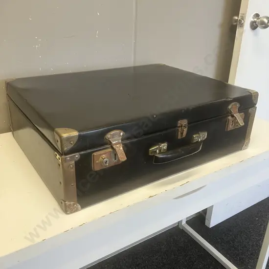 Vintage Black Vinyl Suitcase Riveted & Metal Corner Supports. H17 W57 D44cm