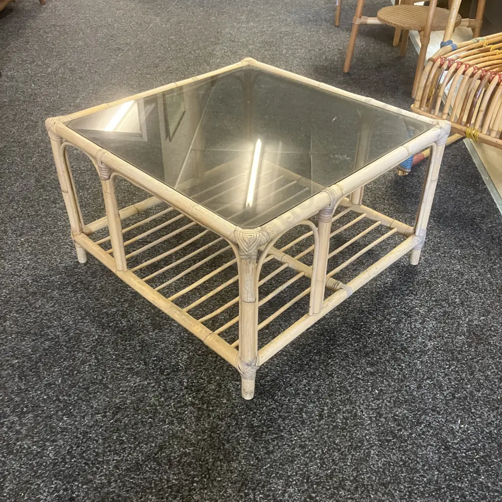 Garry Masters Cane Occasional Table With Glass Top & Under Shelf. H39 W65 D65cm Image 1++