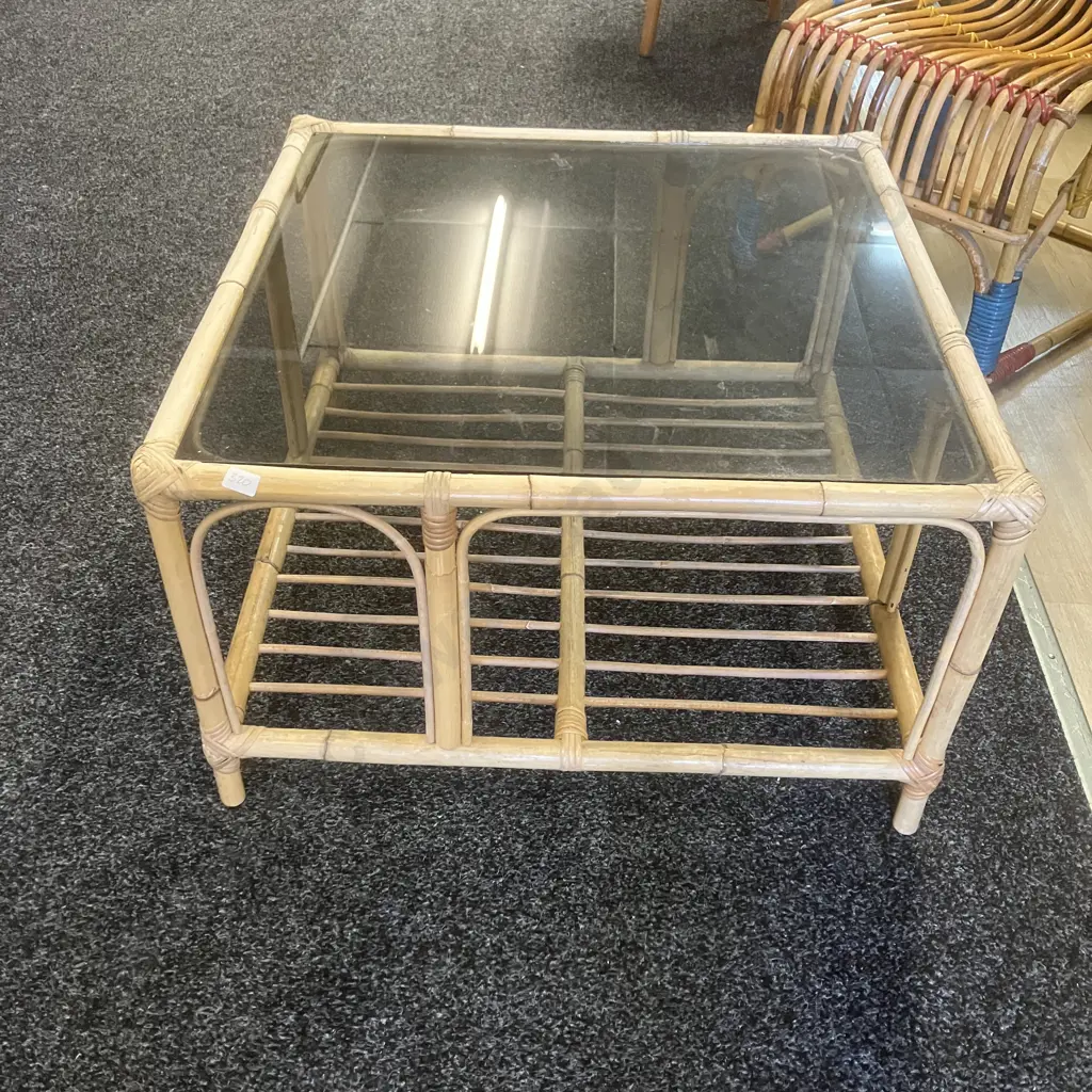 Garry Masters Cane Occasional Table With Glass Top & Under Shelf. H39 W65 D65cm Image 1++