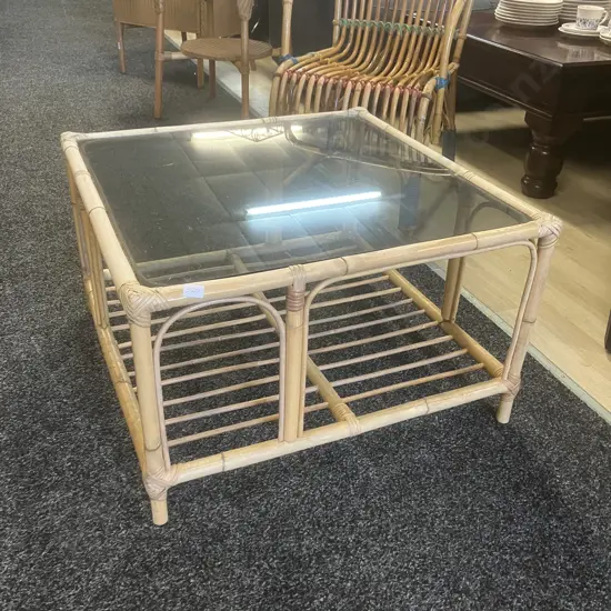 Garry Masters Cane Occasional Table With Glass Top & Under Shelf. H39 W65 D65cm