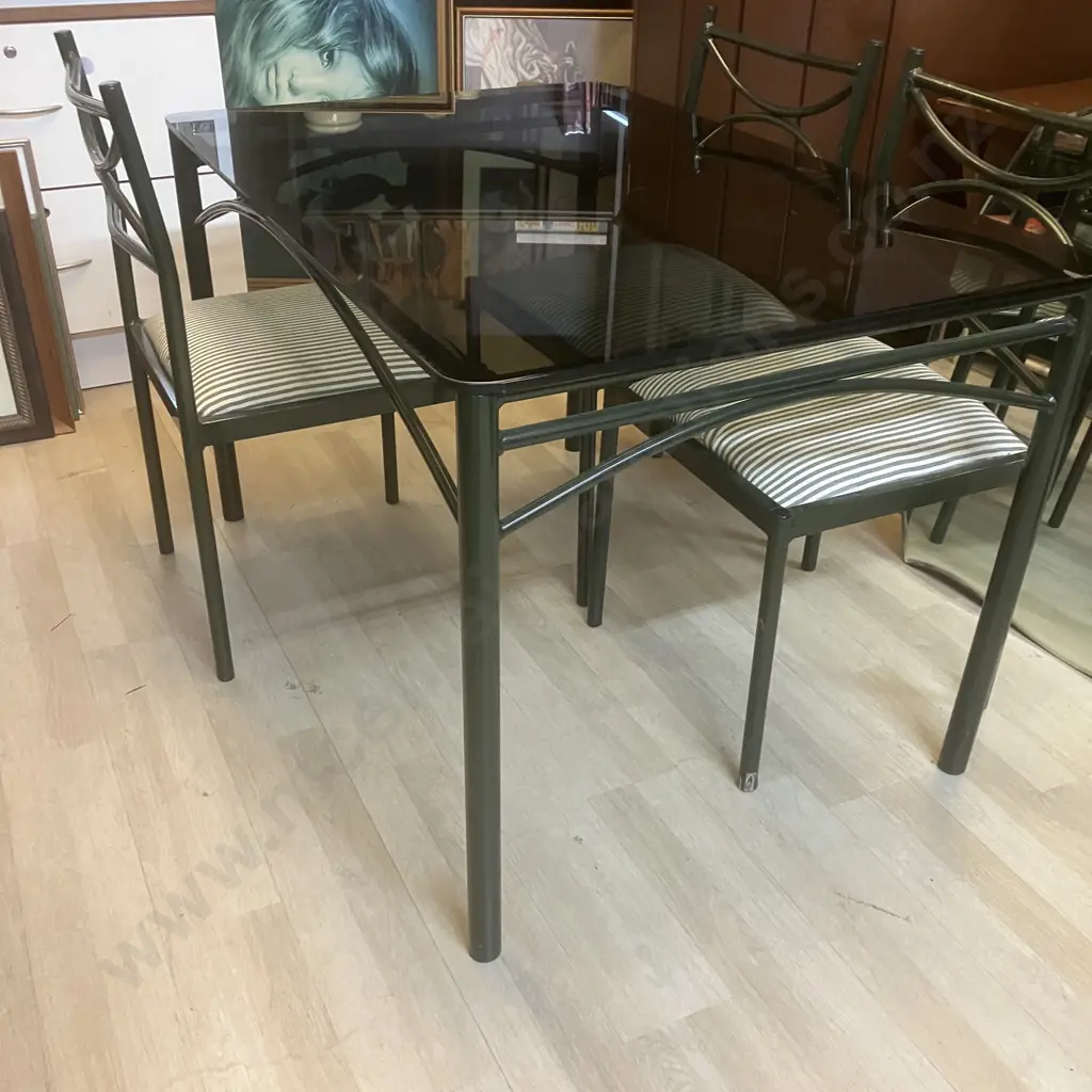 Vintage Chester & Barclay Smoked Glass Top Table With 4 Upholstered Chairs. Dark Green Steel Frames. H72 W120 D80cm Image 1++