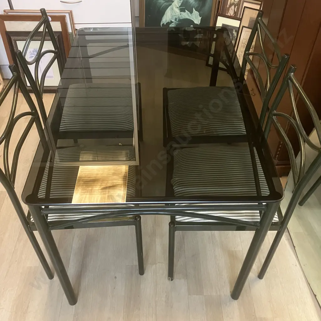 Vintage Chester & Barclay Smoked Glass Top Table With 4 Upholstered Chairs. Dark Green Steel Frames. H72 W120 D80cm Image 1++