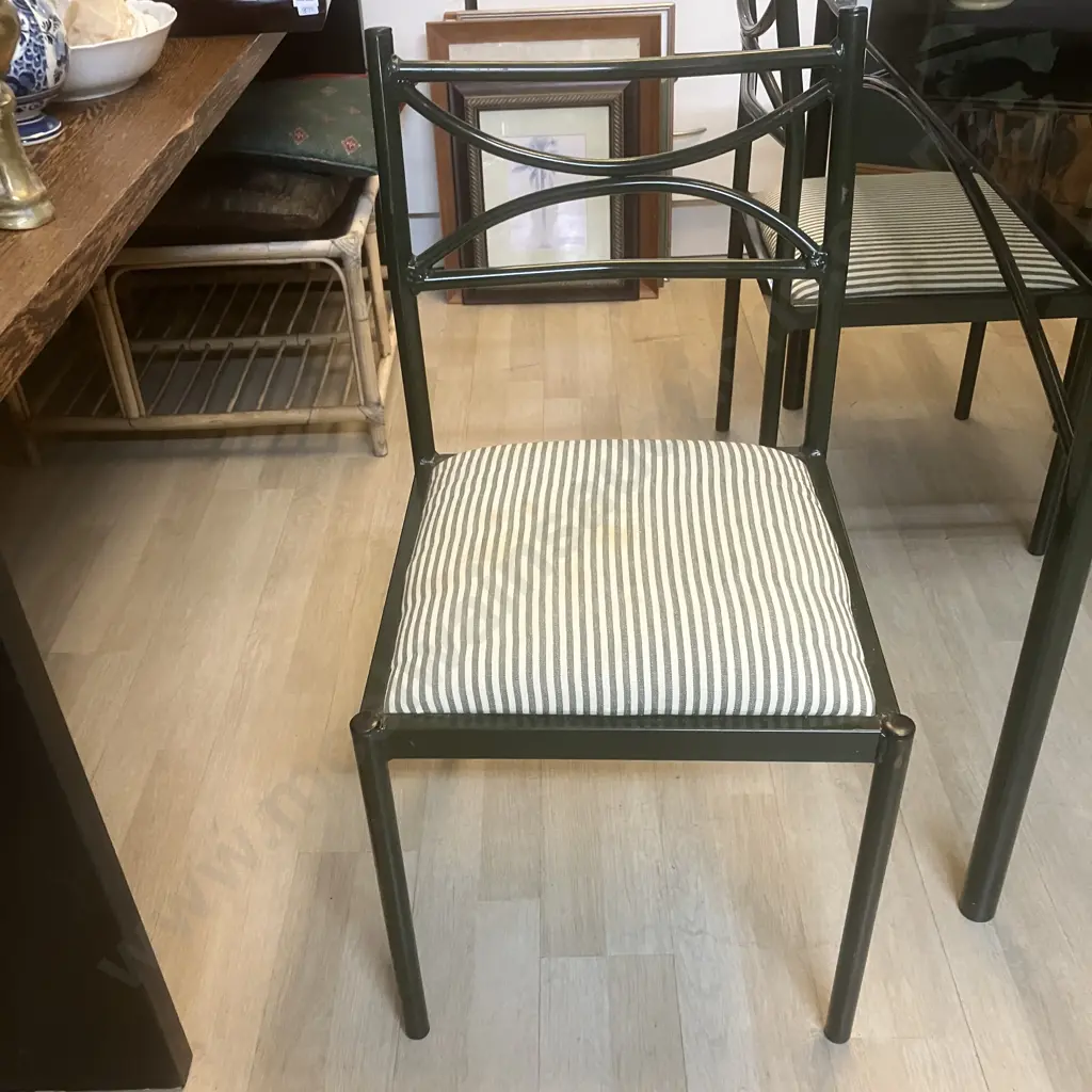 Vintage Chester & Barclay Smoked Glass Top Table With 4 Upholstered Chairs. Dark Green Steel Frames. H72 W120 D80cm Image 1++