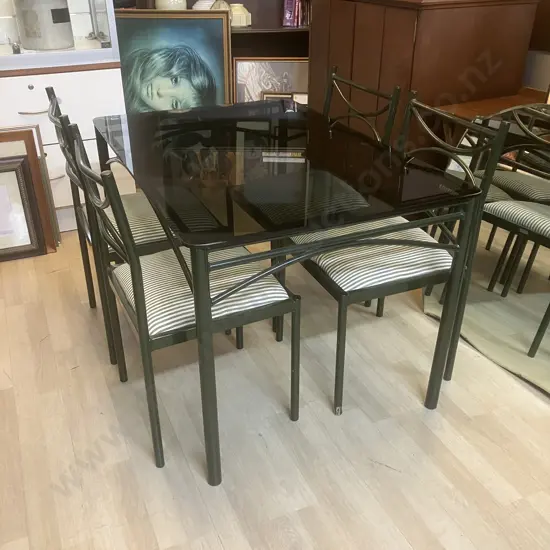 Vintage Chester & Barclay Smoked Glass Top Table With 4 Upholstered Chairs. Dark Green Steel Frames. H72 W120 D80cm