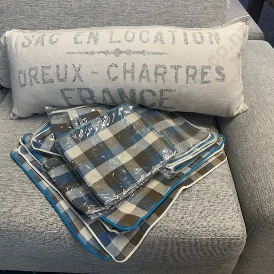 Rectangular French Look Cushion With Square Checked Cushion Covers Blue/Brown Tones