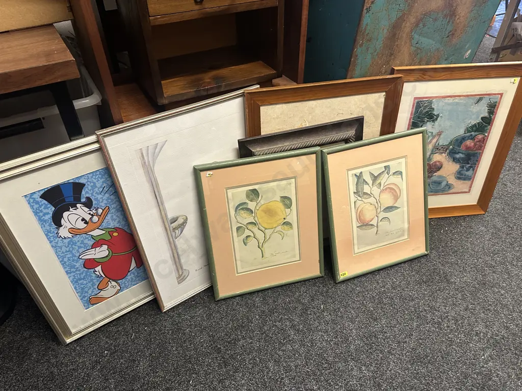 Assorted Framed Artwork Including Donald Duck, Fruit Etc Image 1++