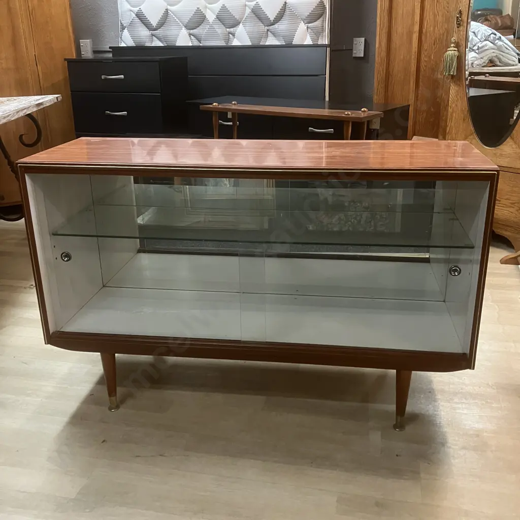 Retro Wood Effect Double Glass Sliding Door China Cabinet, Glass Shelf, Mirror Backed. H75 W119 D40cm Image 1++