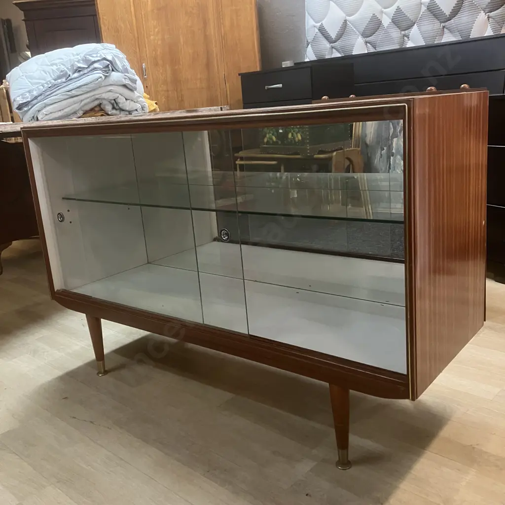 Retro Wood Effect Double Glass Sliding Door China Cabinet, Glass Shelf, Mirror Backed. H75 W119 D40cm Image 1++