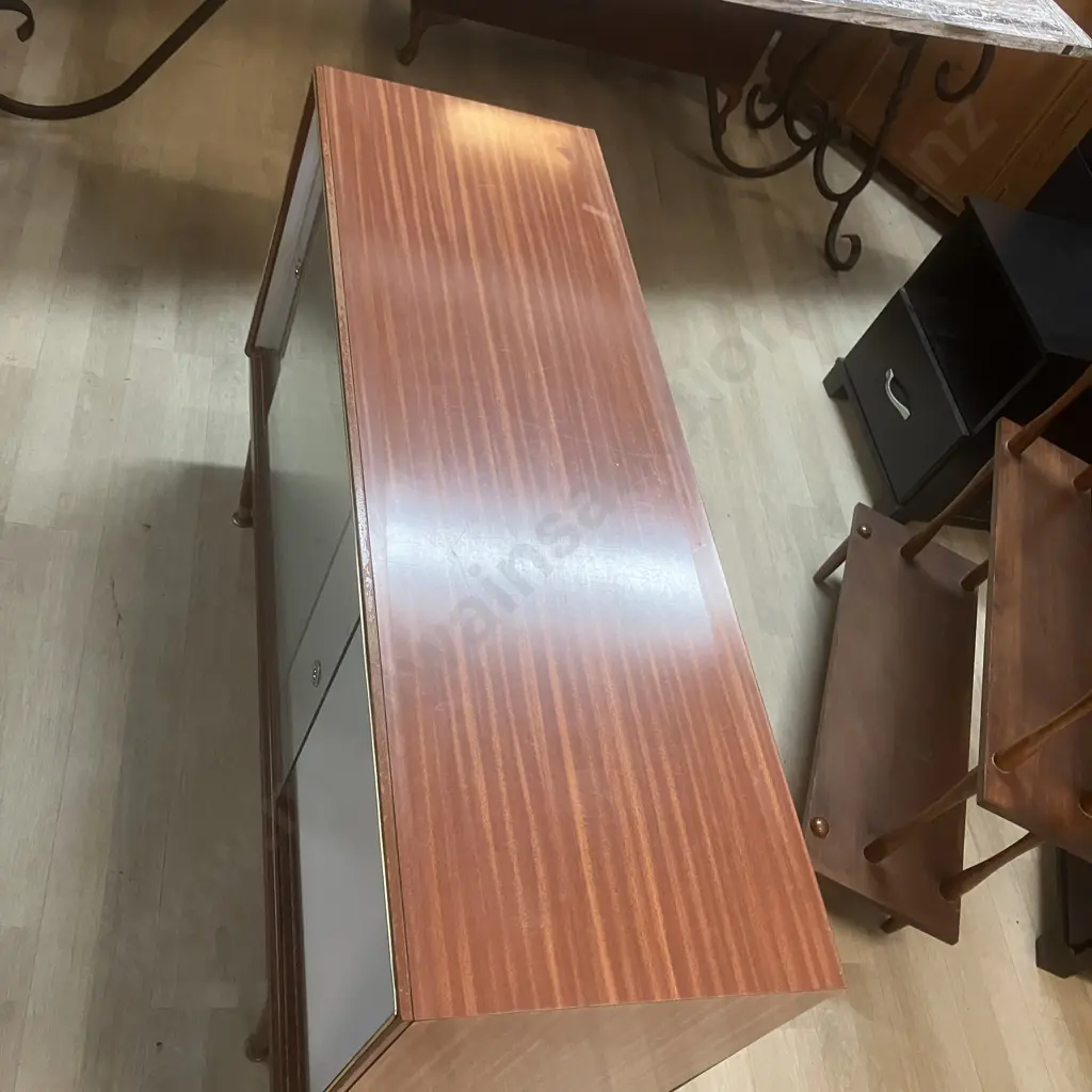 Retro Wood Effect Double Glass Sliding Door China Cabinet, Glass Shelf, Mirror Backed. H75 W119 D40cm Image 1++