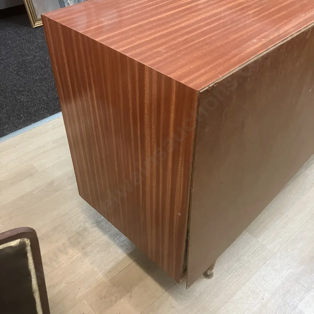 Retro Wood Effect Double Glass Sliding Door China Cabinet, Glass Shelf, Mirror Backed. H75 W119 D40cm Image 1++