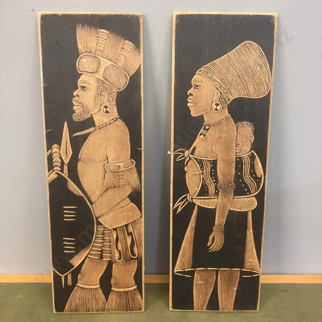 Pair of Vintage African Zulu Tribe Pyro Etched Art - Zulu Warrior & Woman Carrying Baby On Her Back. 46 x 14.5cm Image 1++