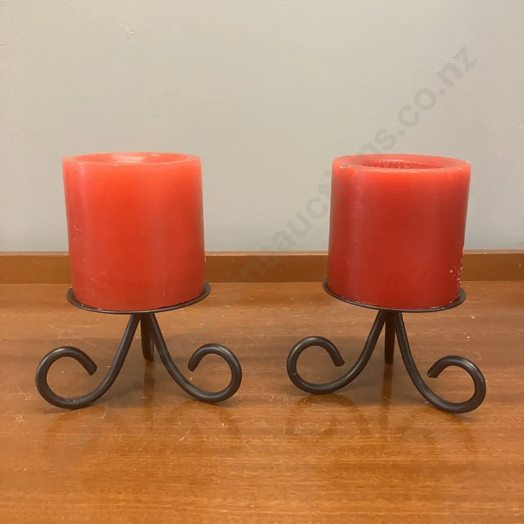 Pair of Red Candles On Black Steel Candle Holders. H14cm Image 1++