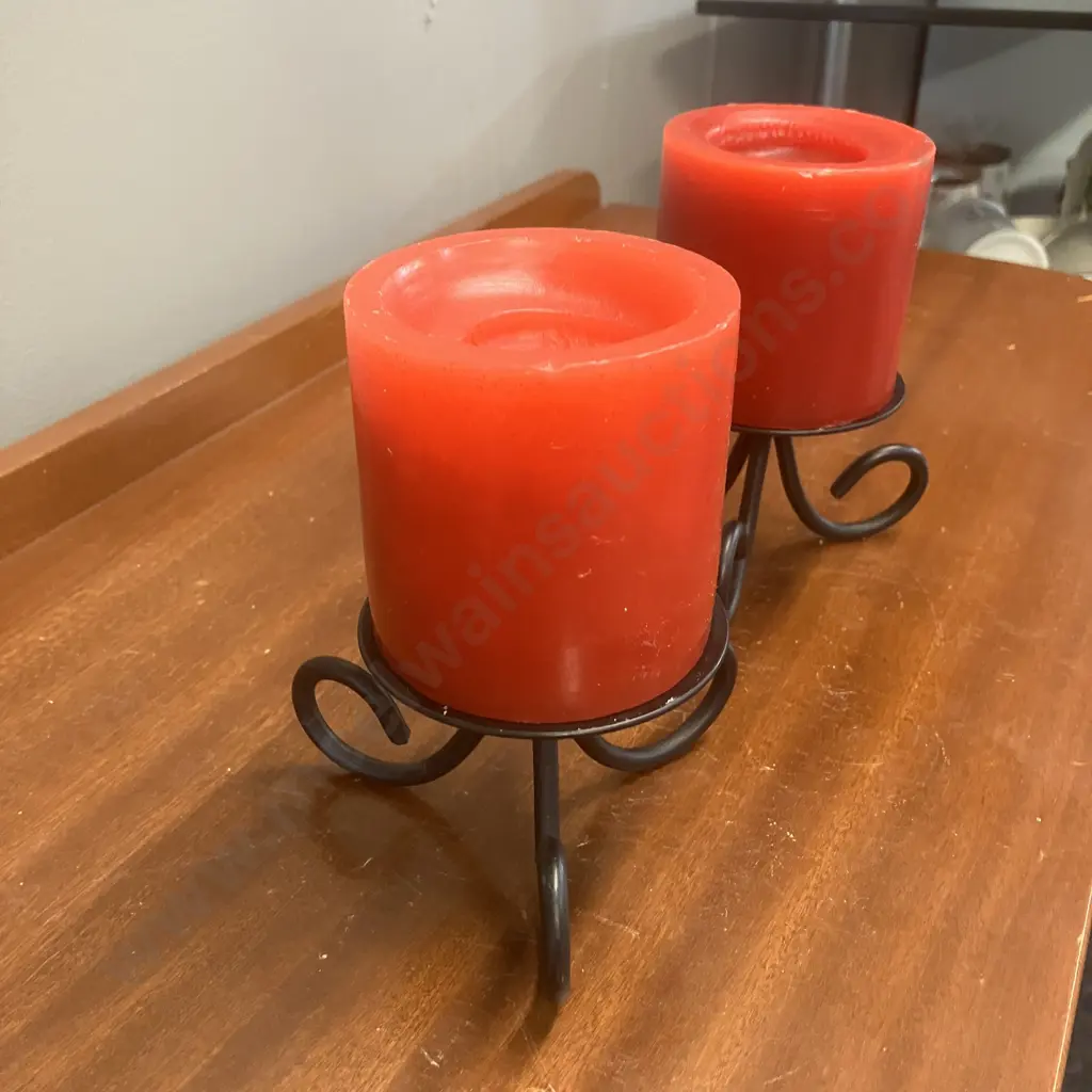 Pair of Red Candles On Black Steel Candle Holders. H14cm Image 1++