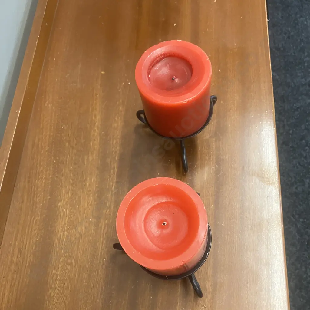 Pair of Red Candles On Black Steel Candle Holders. H14cm Image 1++