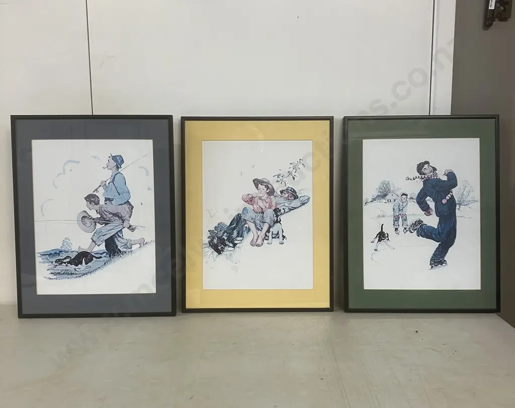 Norman Rockwell 'Grandpa & Me' Framed Art Prints - Picking Daisies, Fishing, Ice Skating. 47 x 36.5cm Image 1++