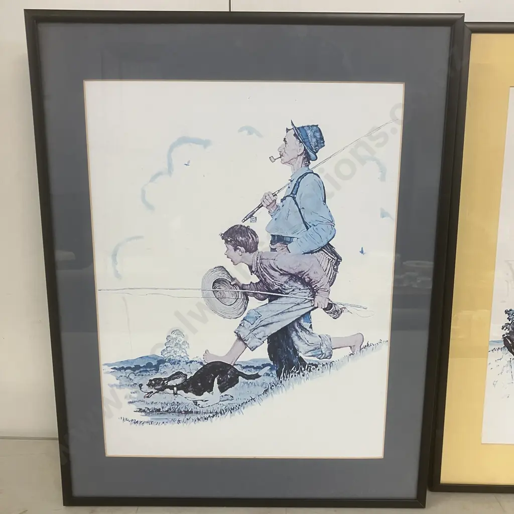 Norman Rockwell 'Grandpa & Me' Framed Art Prints - Picking Daisies, Fishing, Ice Skating. 47 x 36.5cm Image 1++