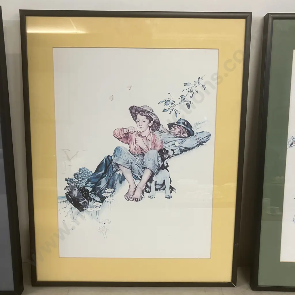 Norman Rockwell 'Grandpa & Me' Framed Art Prints - Picking Daisies, Fishing, Ice Skating. 47 x 36.5cm Image 1++