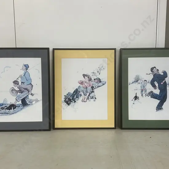 Norman Rockwell 'Grandpa & Me' Framed Art Prints - Picking Daisies, Fishing, Ice Skating. 47 x 36.5cm